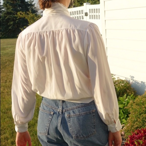 80s Vintage Hand Embroidered White Blouse Bow - Picture 6 of 7